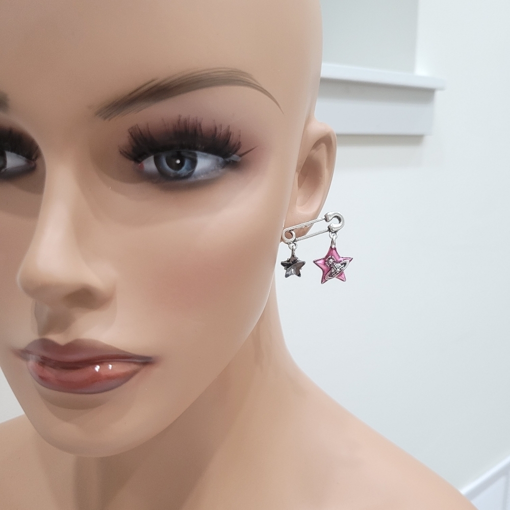 Brand New Silver Tone Safety Pin Style Pink Star Earrings - Picture 5 of 8